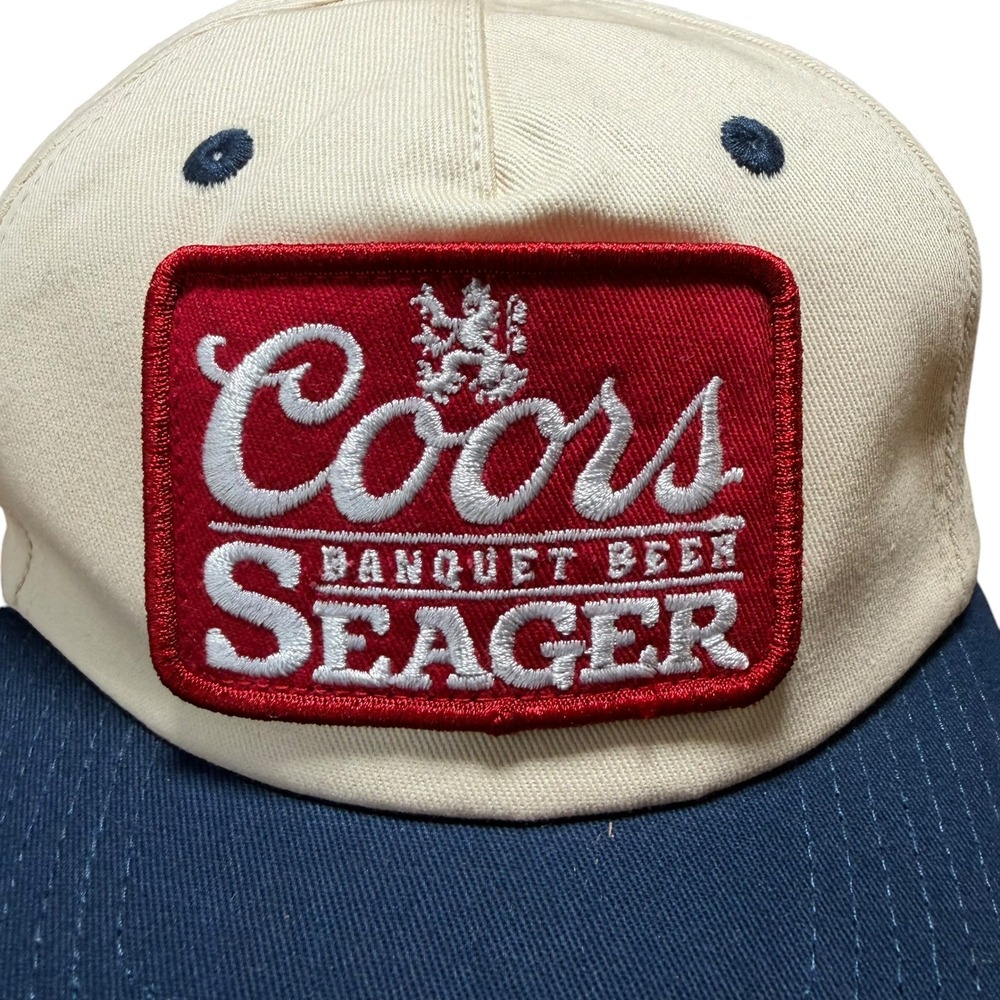 Seager Coors Banquet Beer Hat Mens OSFM Cream Navy Snapback Protect Protectors